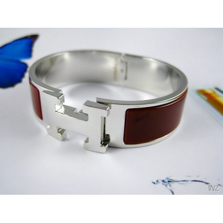 Hermes Coffee Enamel Clic H Bracelet Narrow Width (18mm) In Silver